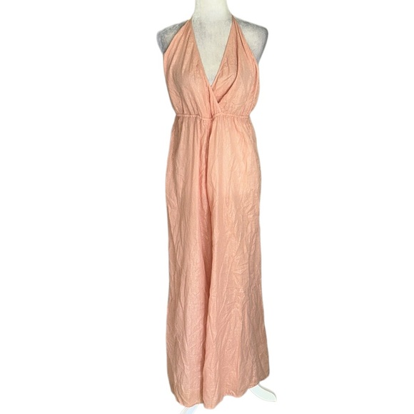 Urban Outfitters Winona Peach Metallic Gold Striped Halter Wide Leg Jumpsuit - L - Picture 6 of 16